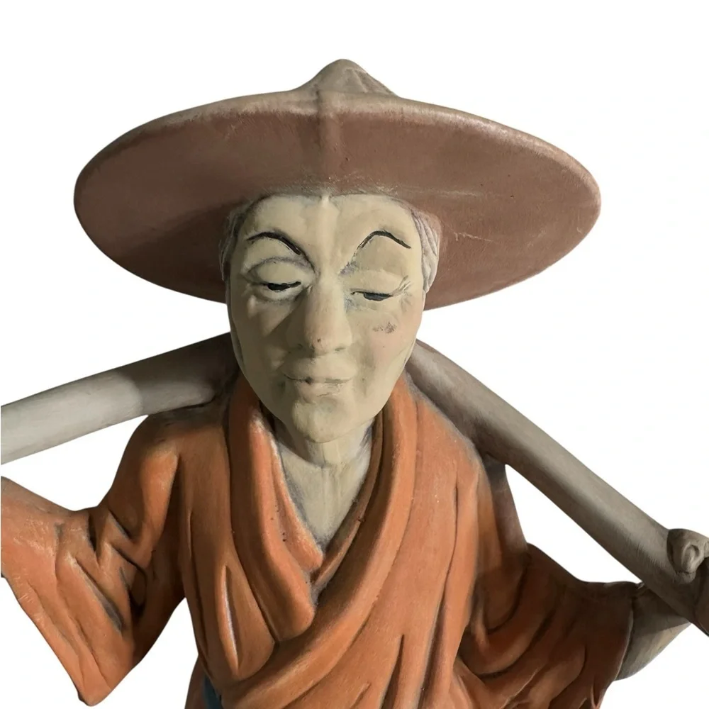 Vintage Asian Handcrafted Farmer Statue in Orange and Brown